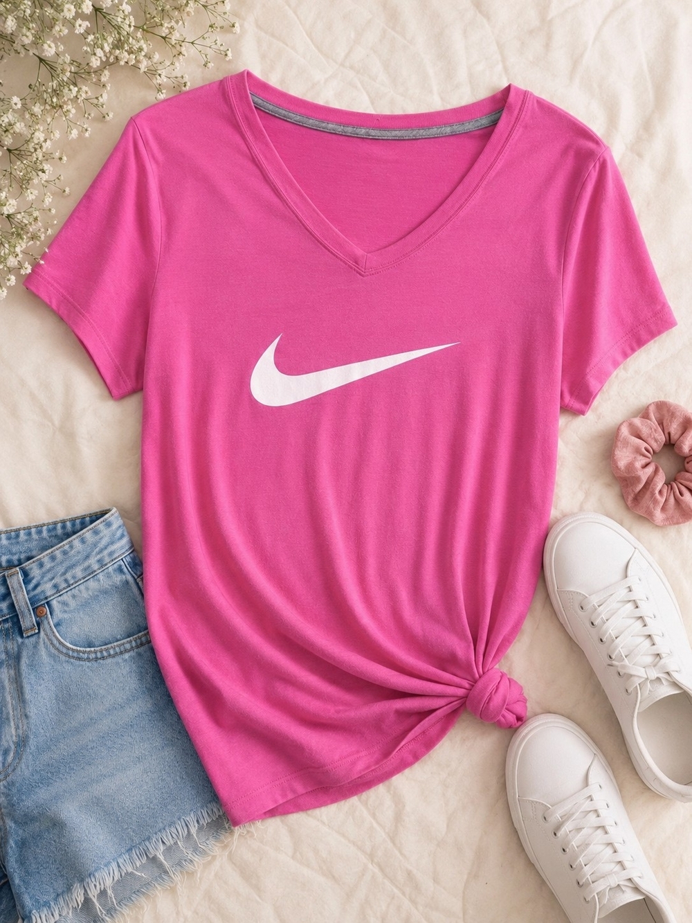 Vintage Y2k Nike Pink V-neck T-shirt Women's Size 6 Athletic Casual Tee